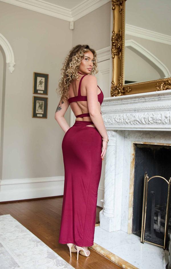 Femme Luxe Red Cross Over Plunge Cut Out Maxi Dress - Gabrielle