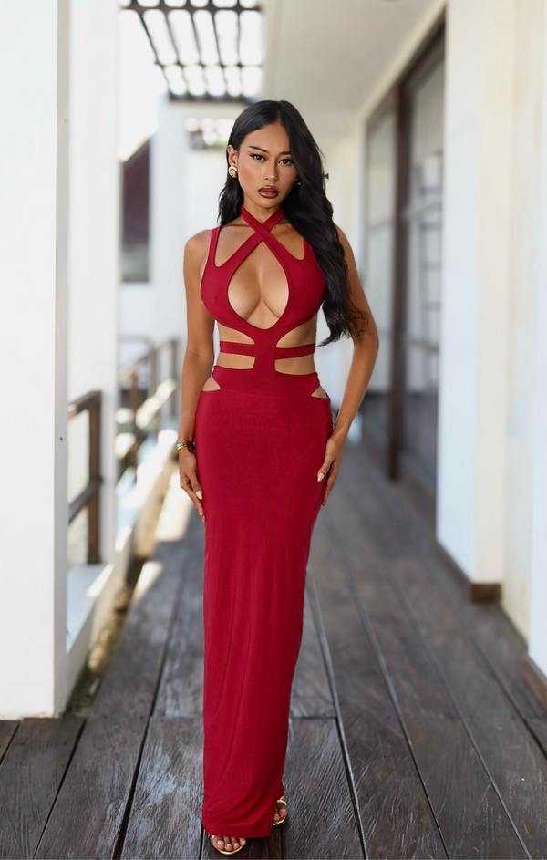 femme luxe Red Cross Over Plunge Cut Out Maxi Dress - Gabrielle