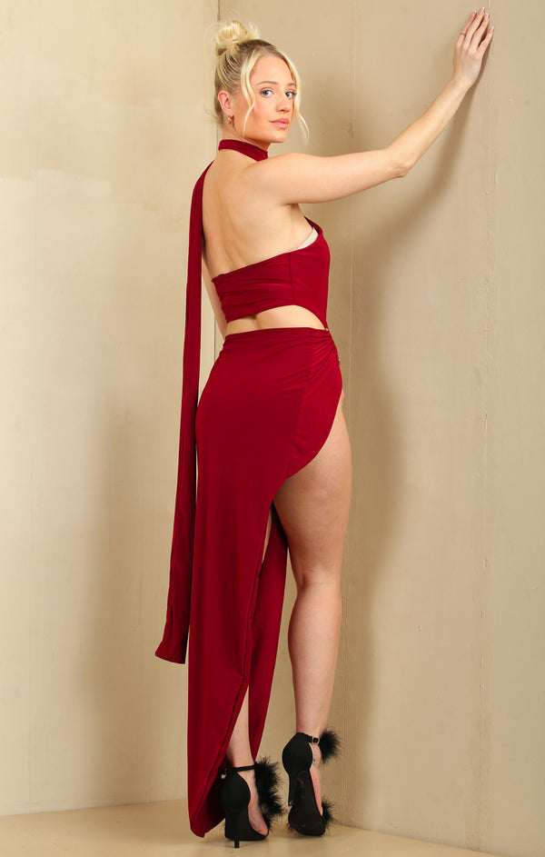 Femme Luxe Red Cut Out Metal Detail High Neck Thigh Split Maxi Dress - Ariana