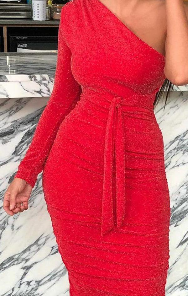 Femme Luxe Red Glitter One Shoulder Midi Dress - Mabel