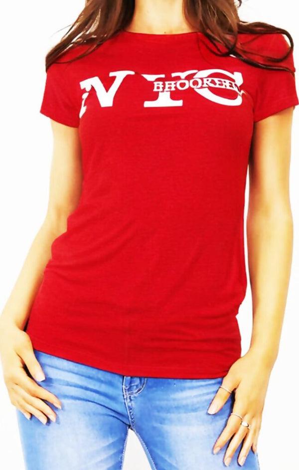 Femme Luxe Red ‘NYC Brooklyn’ Slogan Print T-Shirt - Elissara