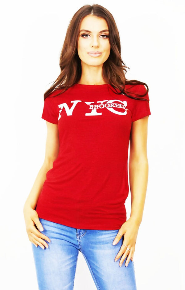 femme luxe Red ‘NYC Brooklyn’ Slogan Print T-Shirt - Elissara