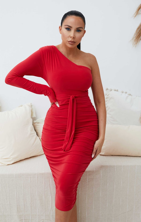 femme luxe Red One Shoulder Ruched Slinky Midi Dress - Savannah