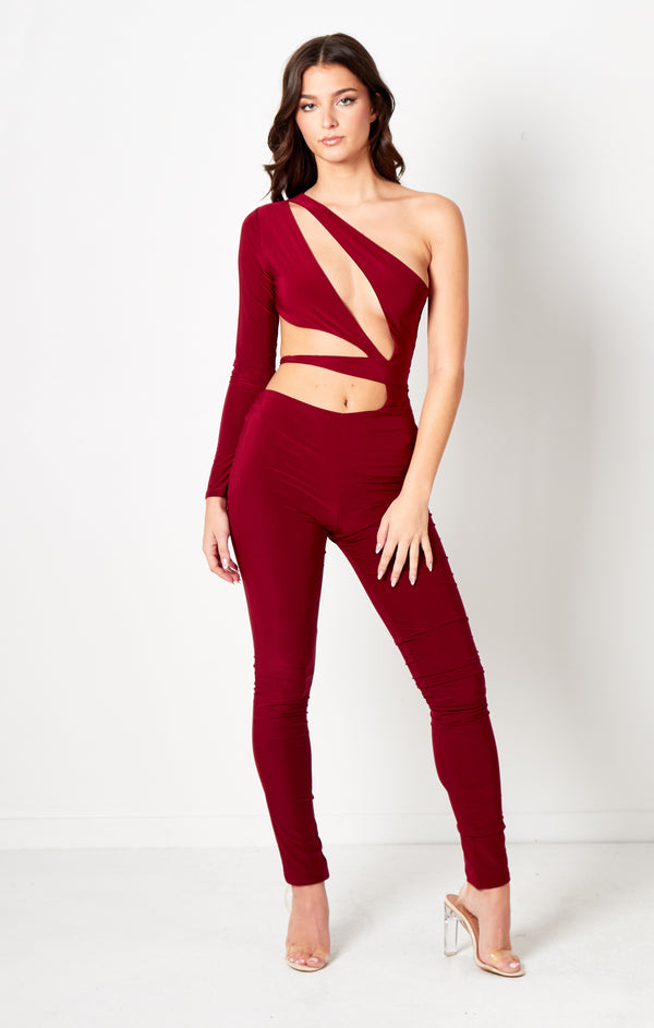 Femme Luxe Red One Sleeve Cut Out Jumpsuit - Christina