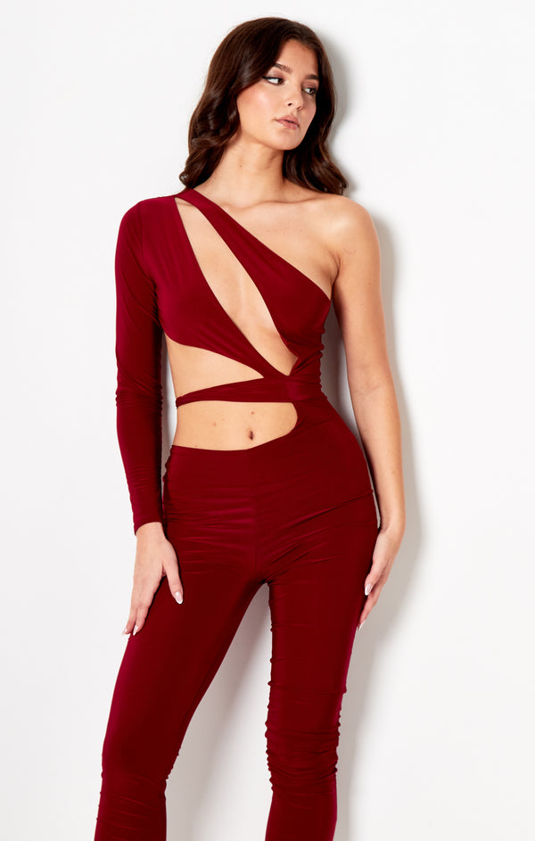 Femme Luxe Red One Sleeve Cut Out Jumpsuit - Christina