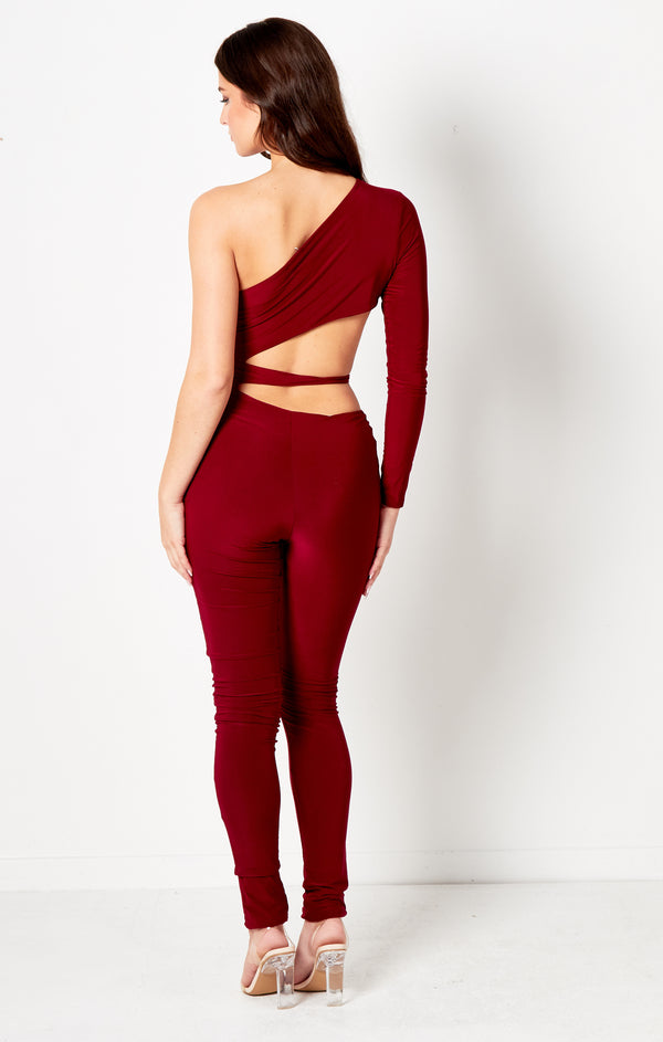 Femme Luxe Red One Sleeve Cut Out Jumpsuit - Christina