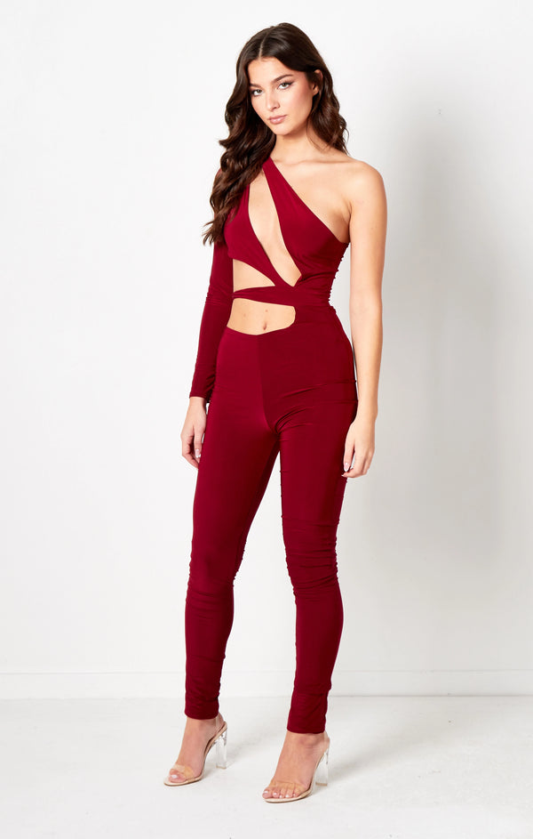 femme luxe Red One Sleeve Cut Out Jumpsuit - Christina