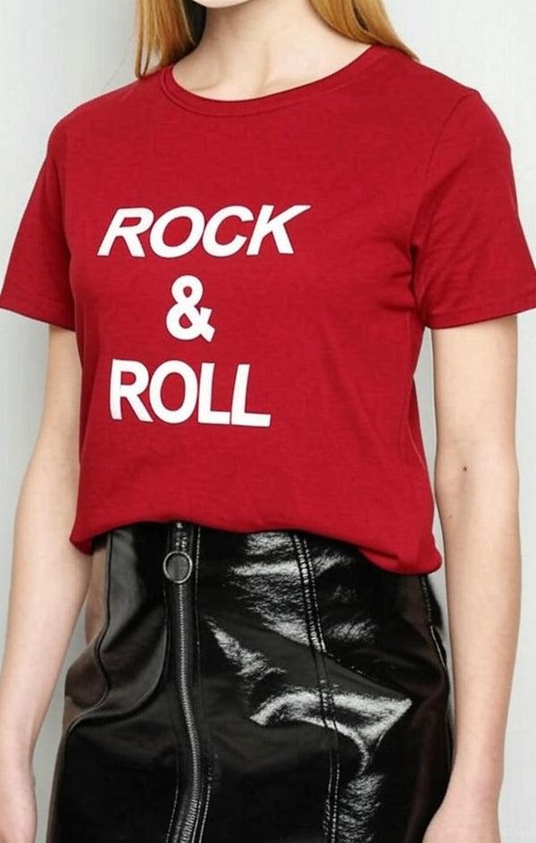 Femme Luxe Red ‘Rock & Roll’ Slogan Print T-Shirt - Carisella