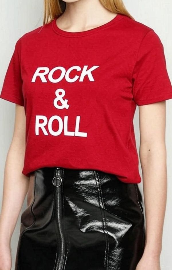 femme luxe Red ‘Rock & Roll’ Slogan Print T-Shirt - Carisella