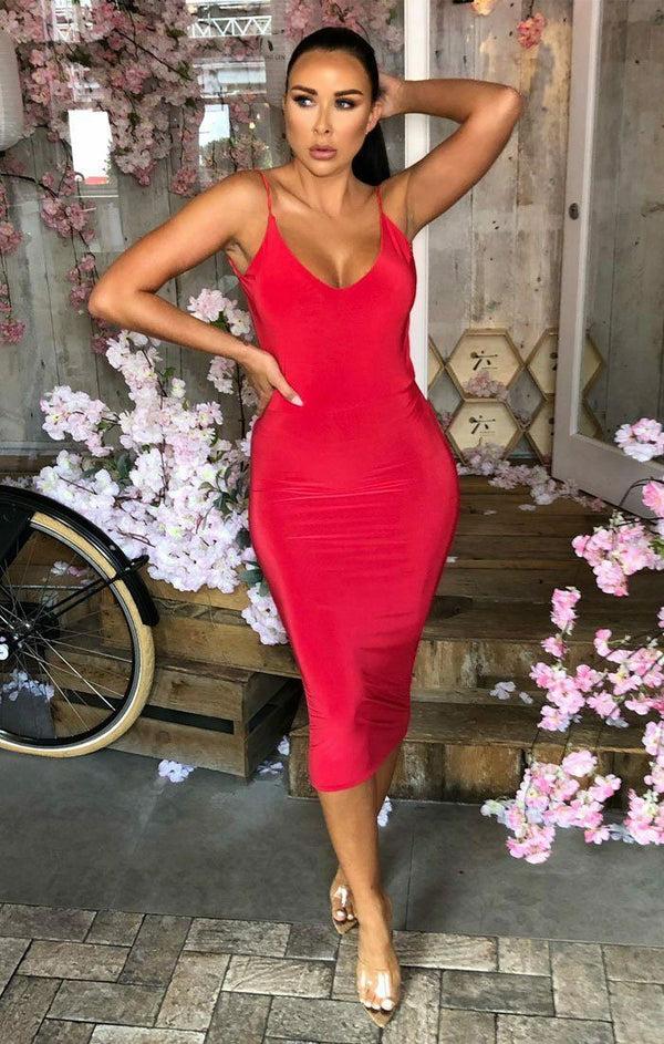 Femme Luxe Red Slinky Open Ruched Back Bodycon Midi Dress - Aurelia