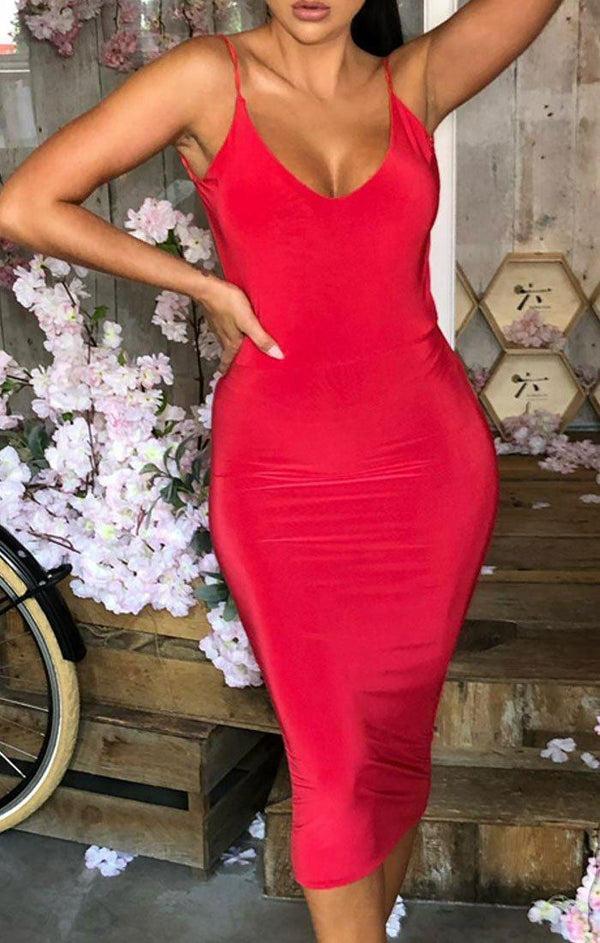 Femme Luxe Red Slinky Open Ruched Back Bodycon Midi Dress - Aurelia