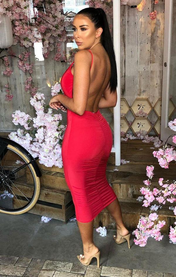 femme luxe Red Slinky Open Ruched Back Bodycon Midi Dress - Aurelia