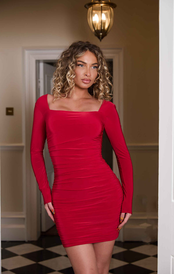 femme luxe Red Square Neck Ruched Bodycon Mini Dress - Gina femme luxe Red Square Neck Ruched Bodycon Mini Dress - Gina
