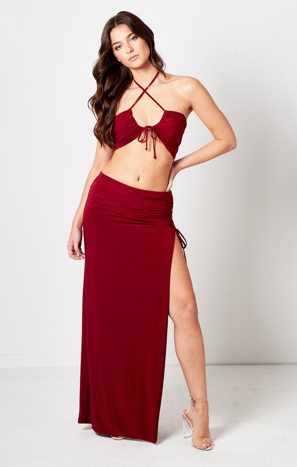 Femme Luxe Red Strappy Bralette & Ruched Side Split Maxi Skirt Co-ord - Danica