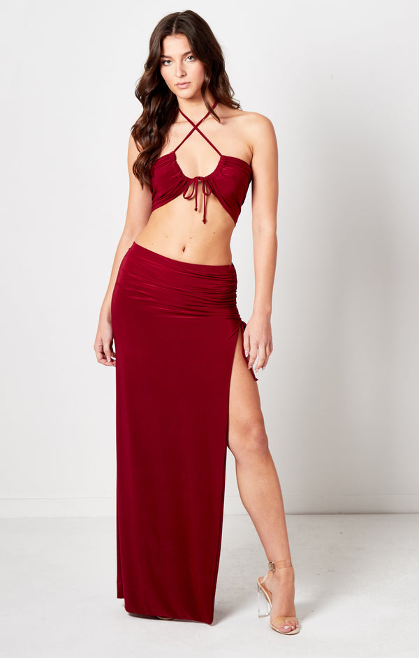 Femme Luxe Red Strappy Bralette & Ruched Side Split Maxi Skirt Co-ord - Danica