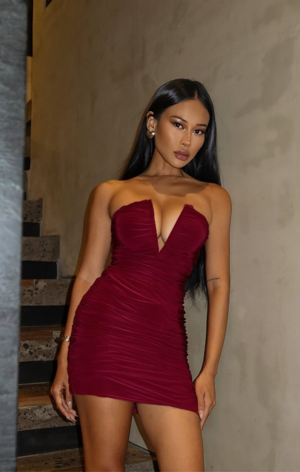 Femme Luxe Red V Neck Ruched Bodycon Mini Dress - Kori