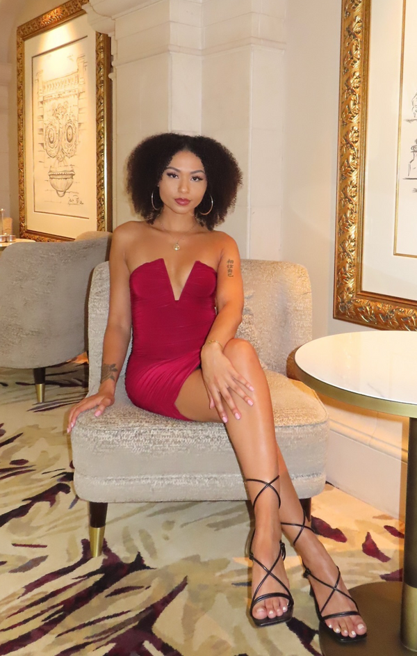 Femme Luxe Red V Neck Ruched Bodycon Mini Dress - Kori