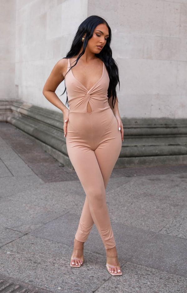 Femme Luxe Rose Knot Detail Cut Out Strappy Bodycon Jumpsuit - Eudora