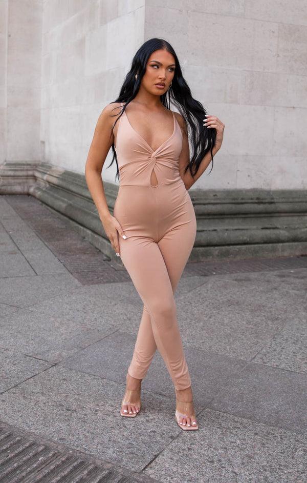 Femme Luxe Rose Knot Detail Cut Out Strappy Bodycon Jumpsuit - Eudora