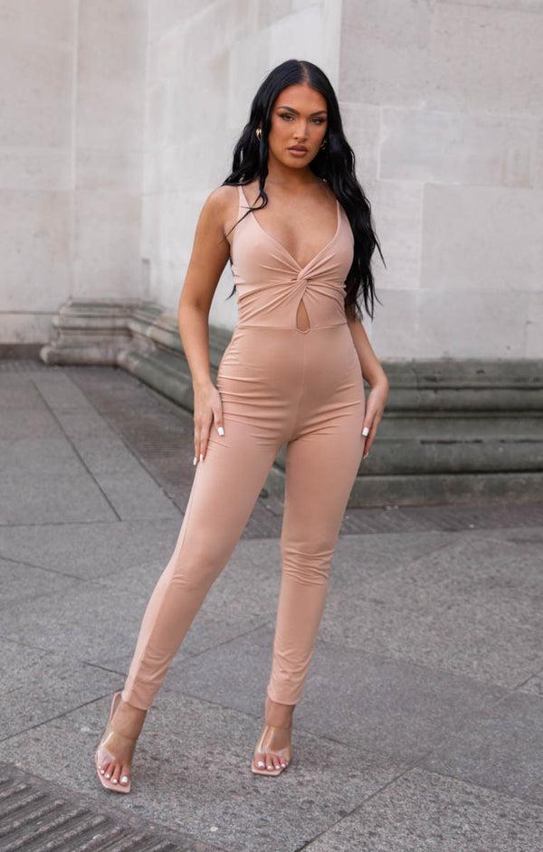 femme luxe Rose Knot Detail Cut Out Strappy Bodycon Jumpsuit - Eudora