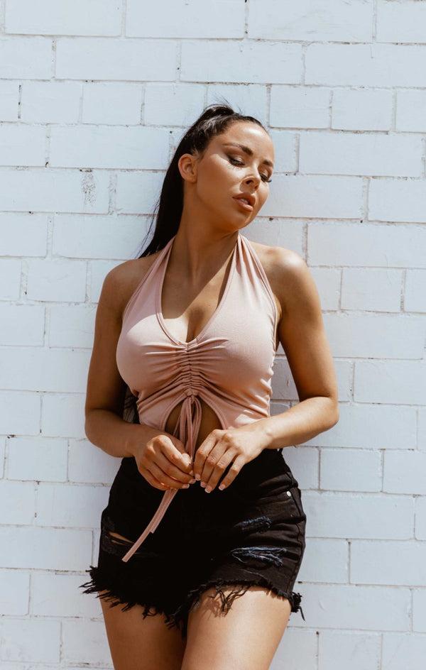 femme luxe Rose Slinky Halter Neck Ruched Front Tie Detail Crop Top - Ingrid