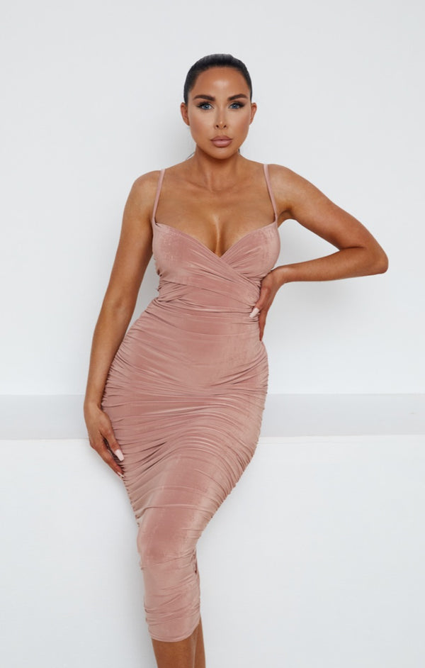 Femme Luxe Rose Slinky Ruched Wrap Strappy Bodycon Midi Dress - Pia