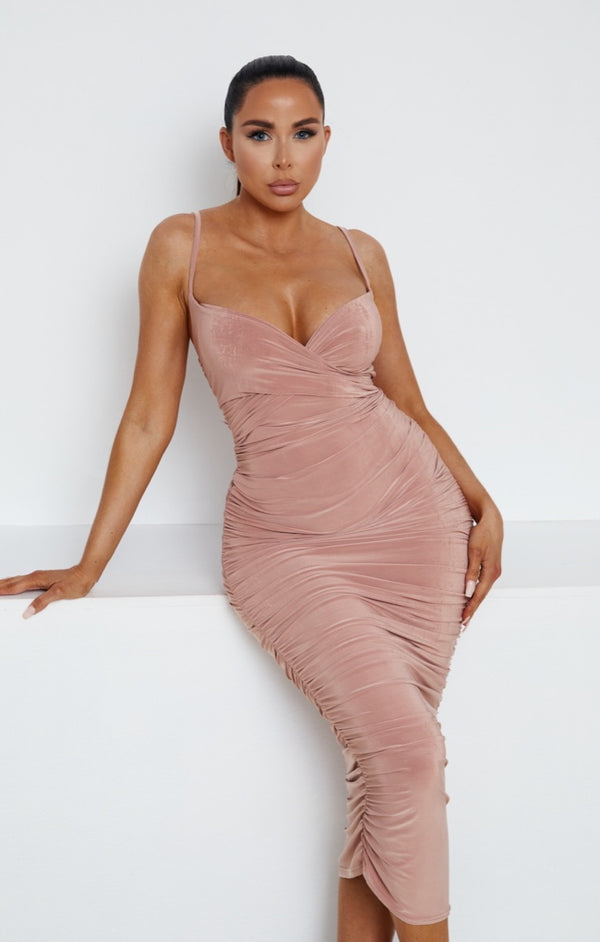 femme luxe Rose Slinky Ruched Wrap Strappy Bodycon Midi Dress - Pia