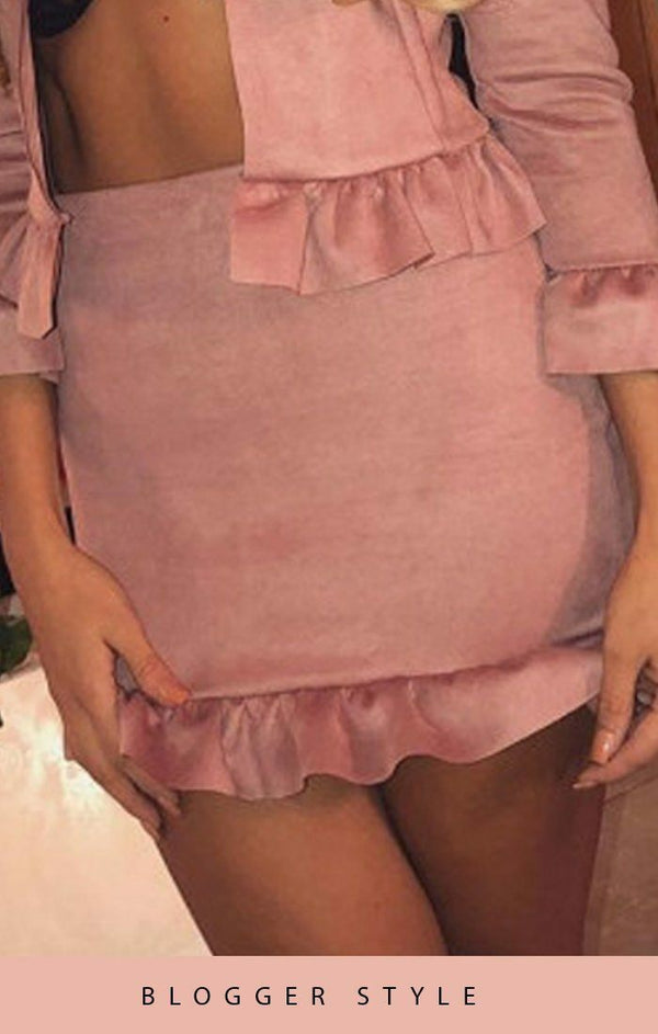 Femme Luxe Rose Suede Frill Hem Mini High Waist Skirt