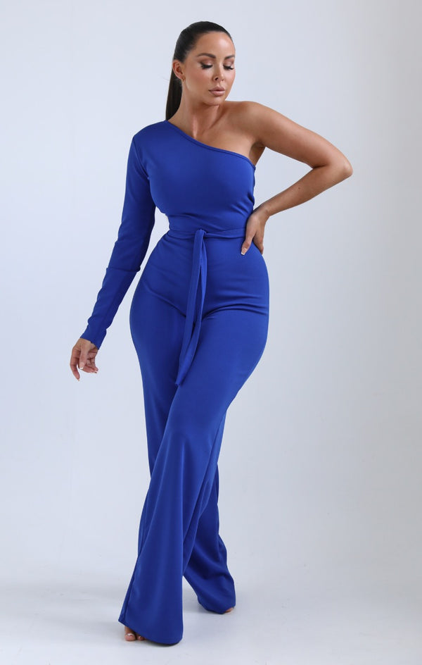 Femme Luxe Royal Blue One Shoulder Belted Wide Leg Jumpsuit - Evelyn