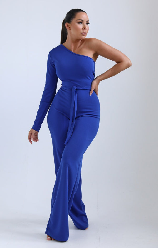 Femme Luxe Royal Blue One Shoulder Belted Wide Leg Jumpsuit - Evelyn