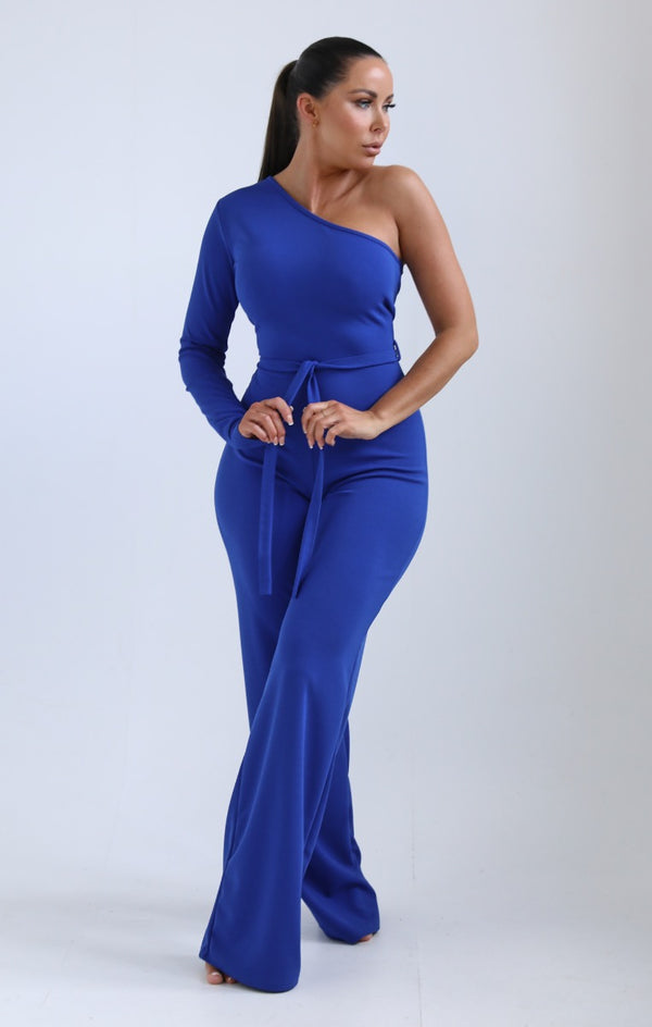 femme luxe Royal Blue One Shoulder Belted Wide Leg Jumpsuit - Evelyn