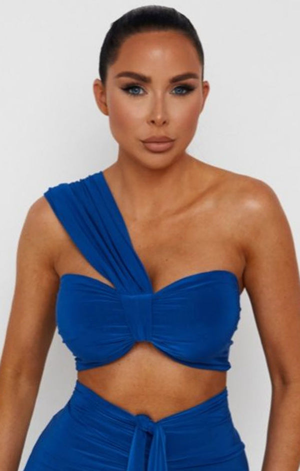 femme luxe Royal Blue One Shoulder Knot Bralette Top - Julie