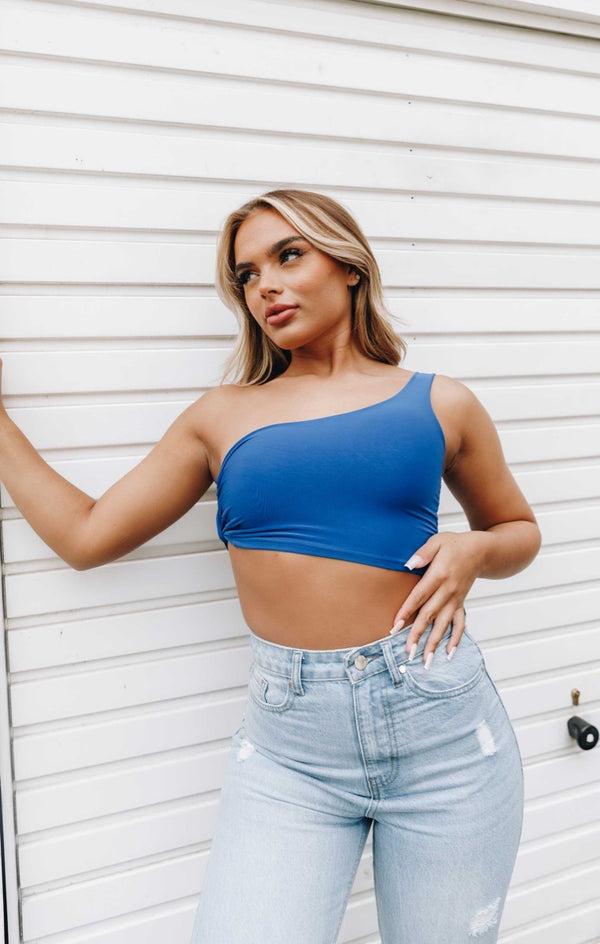 Femme Luxe Royal Blue Slinky One Shoulder Knot Detail Crop Top - Kimia