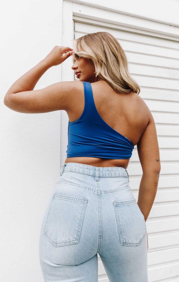 Femme Luxe Royal Blue Slinky One Shoulder Knot Detail Crop Top - Kimia