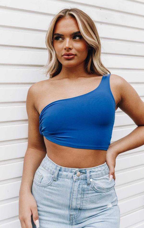 femme luxe Royal Blue Slinky One Shoulder Knot Detail Crop Top - Kimia