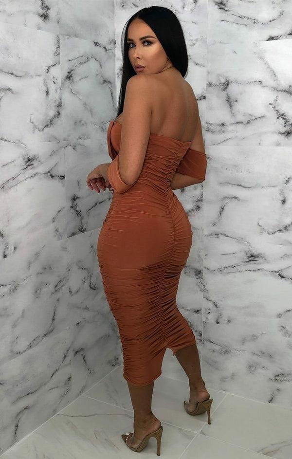 Femme Luxe Rust Bardot Cowl Neck Ruched Midi Dress - Malia