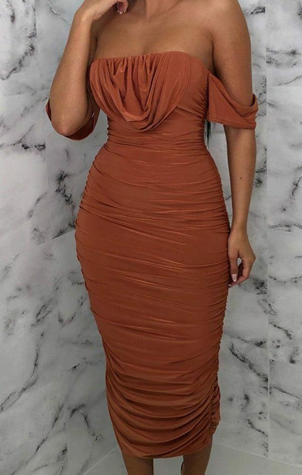 Femme Luxe Rust Bardot Cowl Neck Ruched Midi Dress - Malia