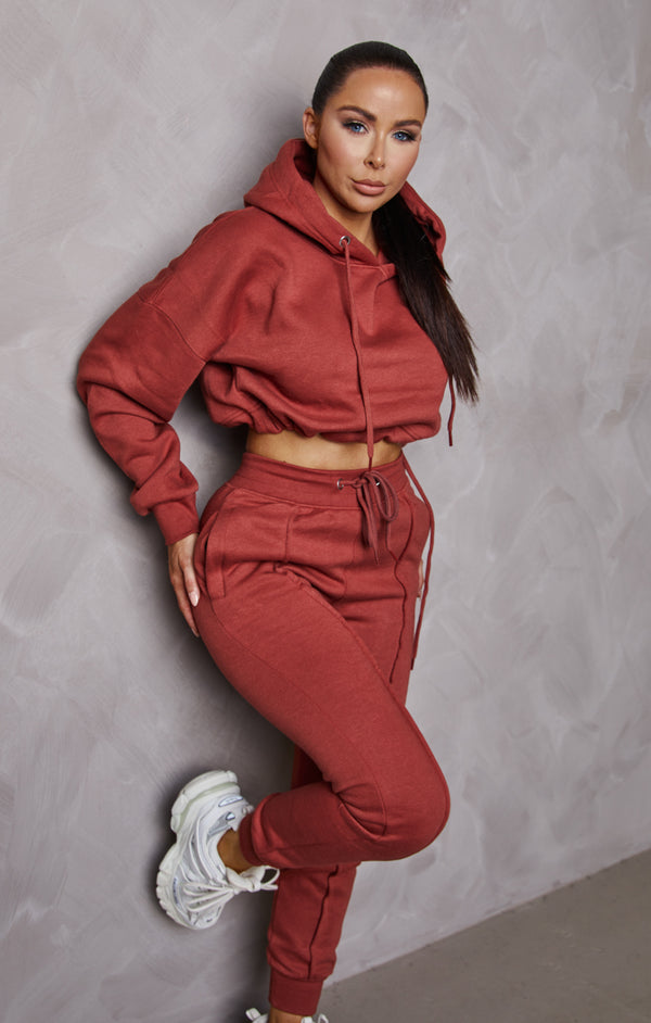 Femme Luxe Rust Boxy Cropped Hoodie Cuffed Joggers Loungewear Set - Cailleigh