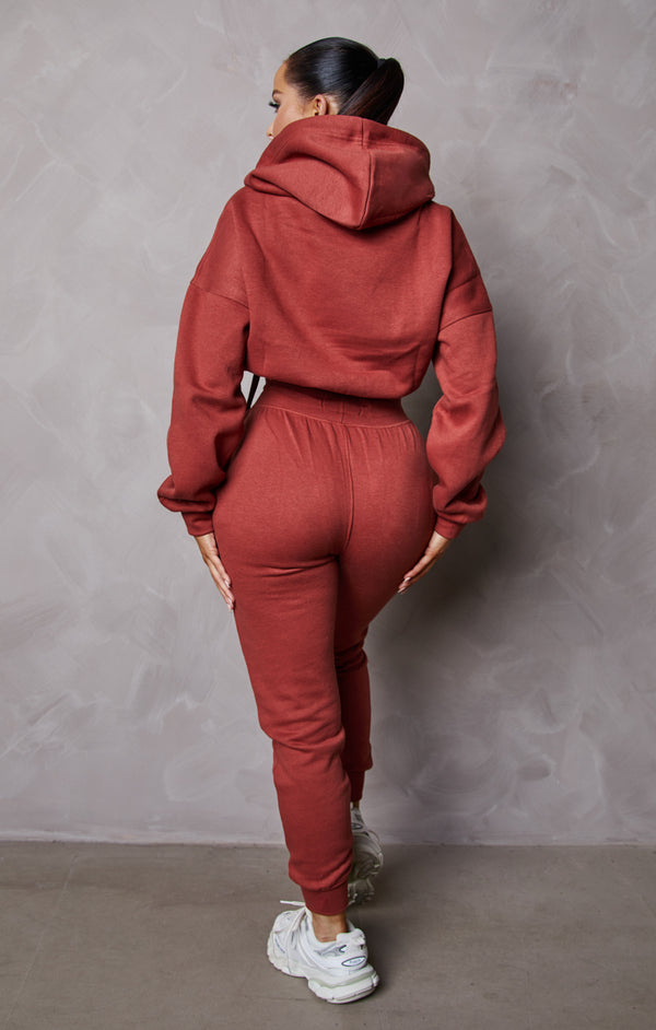 Femme Luxe Rust Boxy Cropped Hoodie Cuffed Joggers Loungewear Set - Cailleigh