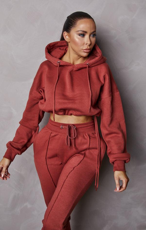 femme luxe Rust Boxy Cropped Hoodie Cuffed Joggers Loungewear Set - Cailleigh