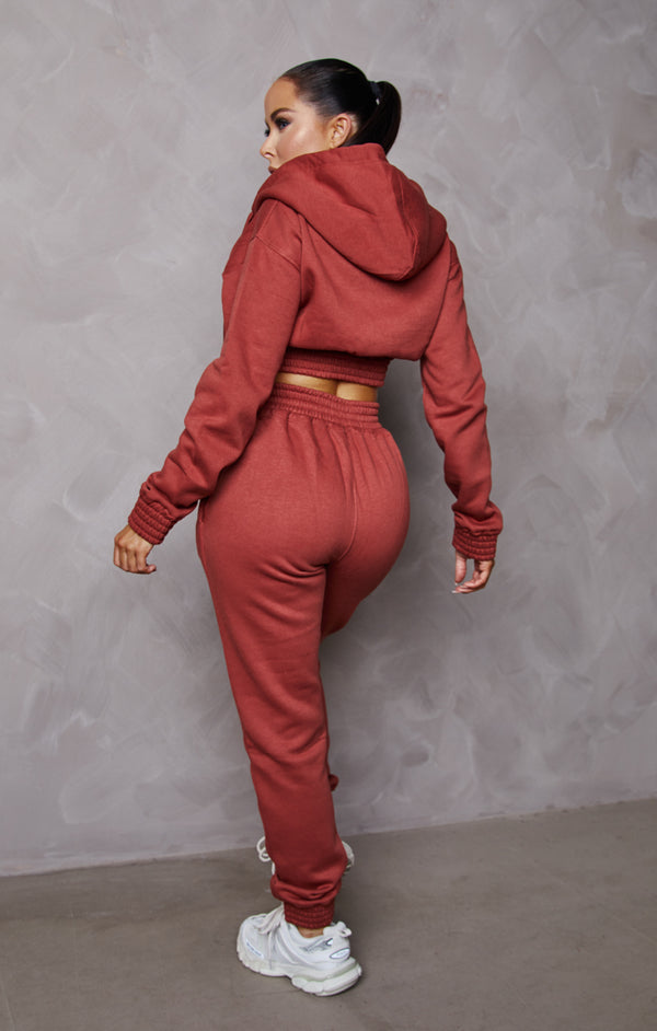 Femme Luxe Rust Cropped Zip Front Elasticated Hem Hoodie And High Waisted Jogger Loungewear Set - Addisyn