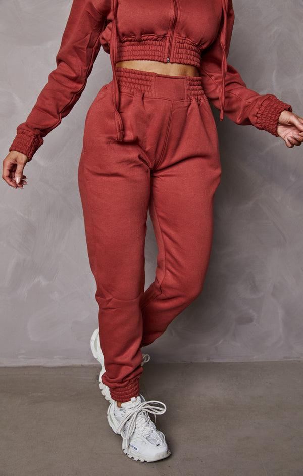 Femme Luxe Rust Cropped Zip Front Elasticated Hem Hoodie And High Waisted Jogger Loungewear Set - Addisyn