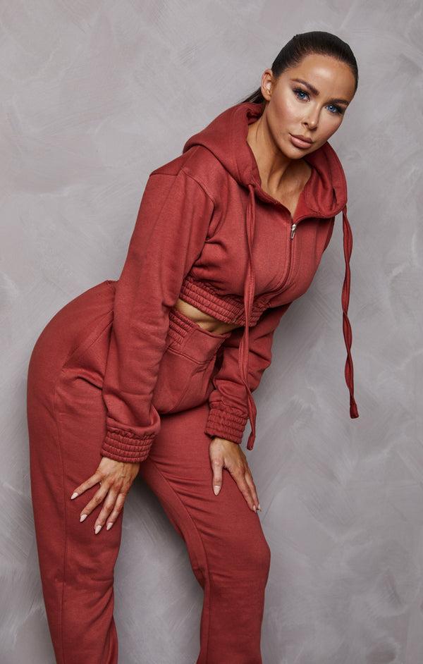 Femme Luxe Rust Cropped Zip Front Elasticated Hem Hoodie And High Waisted Jogger Loungewear Set - Addisyn