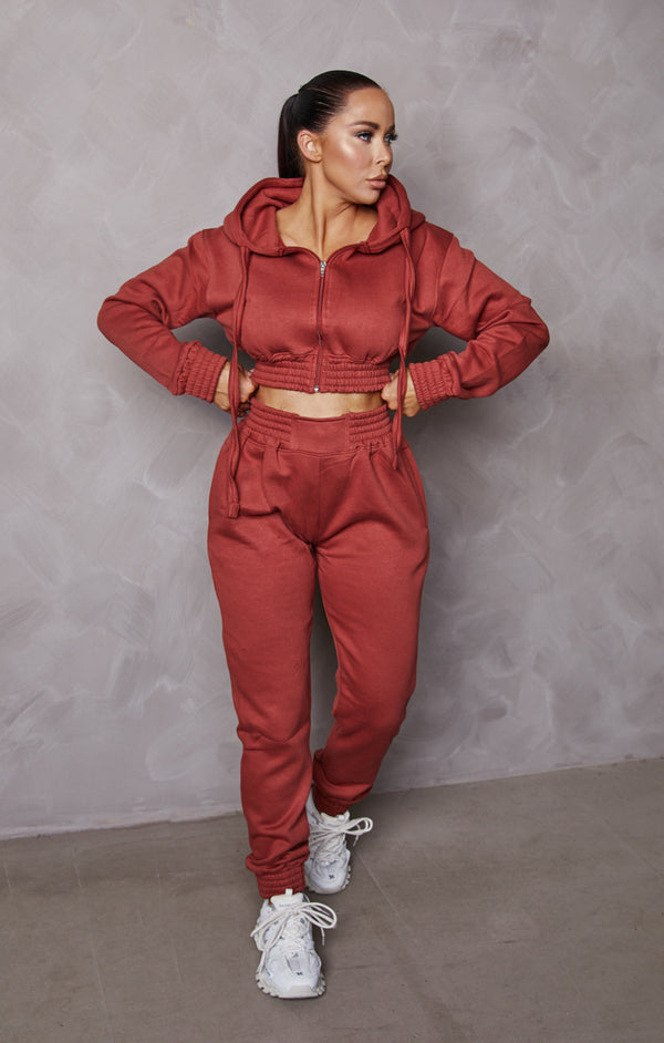 femme luxe Rust Cropped Zip Front Elasticated Hem Hoodie And High Waisted Jogger Loungewear Set - Addisyn