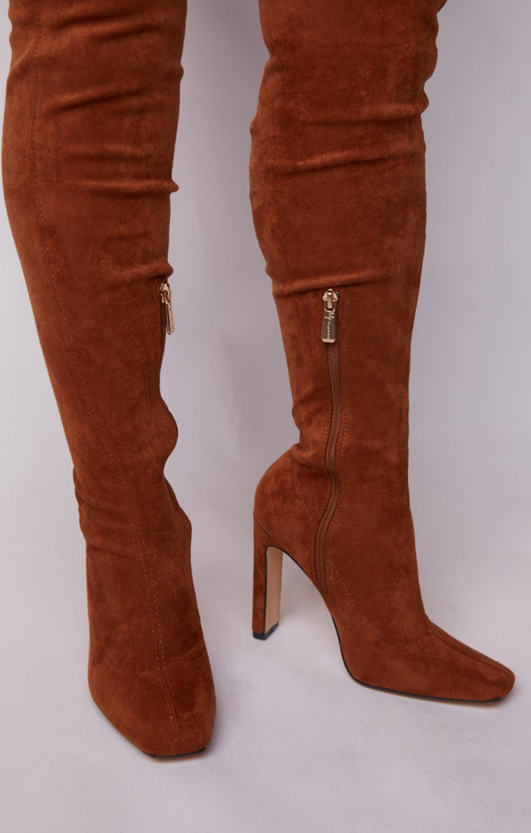 Femme Luxe Rust Fabric Over The Knee Square Toe Heeled Boots - Oliviana