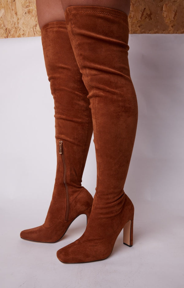 femme luxe Rust Fabric Over The Knee Square Toe Heeled Boots - Oliviana