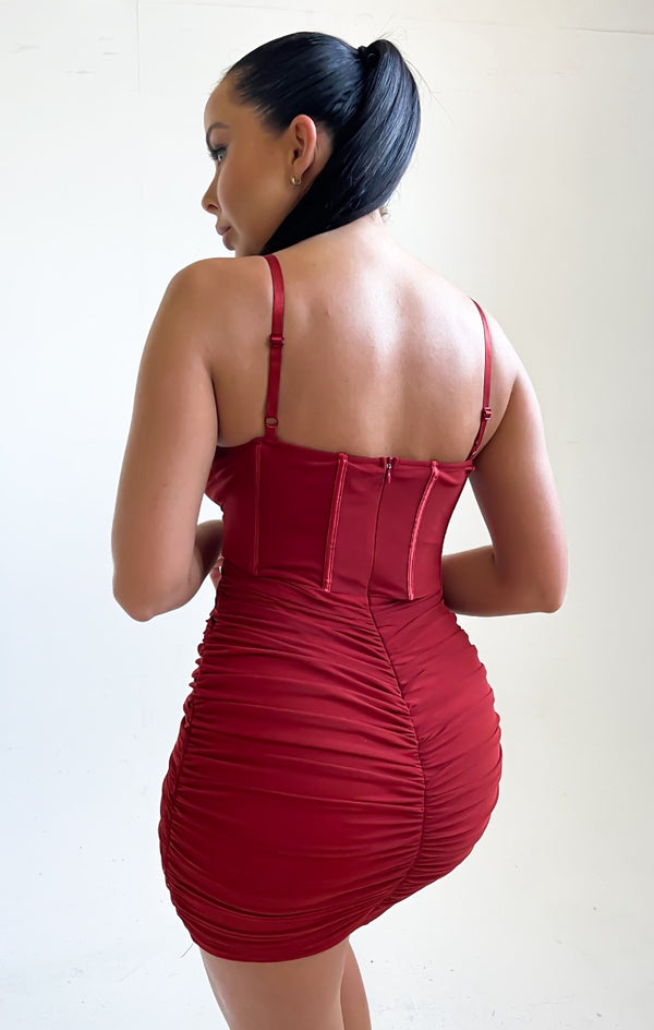 Femme Luxe Rust Mesh Ruched Corset Strappy Bodycon Mini Dress - Penny