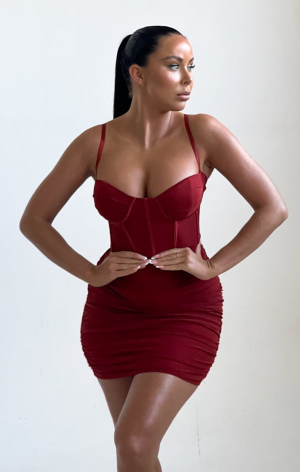 femme luxe Rust Mesh Ruched Corset Strappy Bodycon Mini Dress - Penny