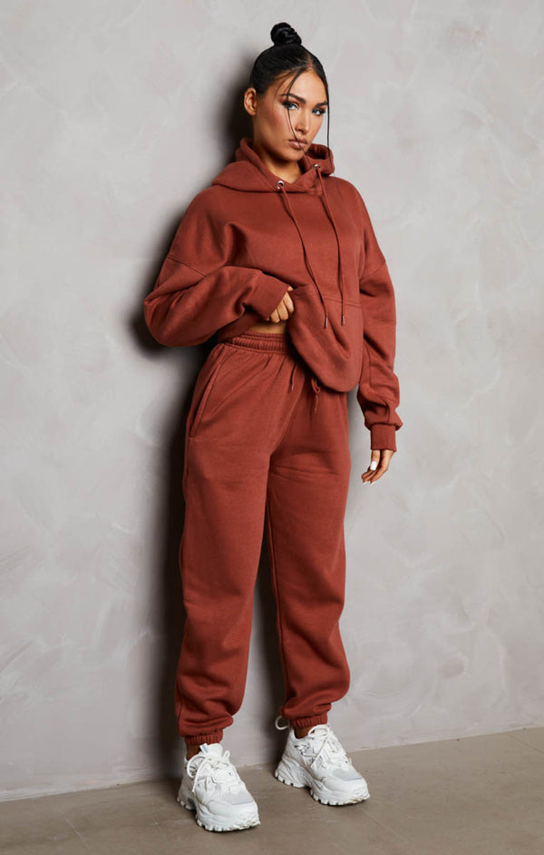 Femme Luxe Rust Oversized Front Pocket Pullover Hoodie Cuffed Joggers Loungewear Set - Alexia