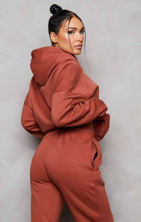 Femme Luxe Rust Oversized Front Pocket Pullover Hoodie Cuffed Joggers Loungewear Set - Alexia